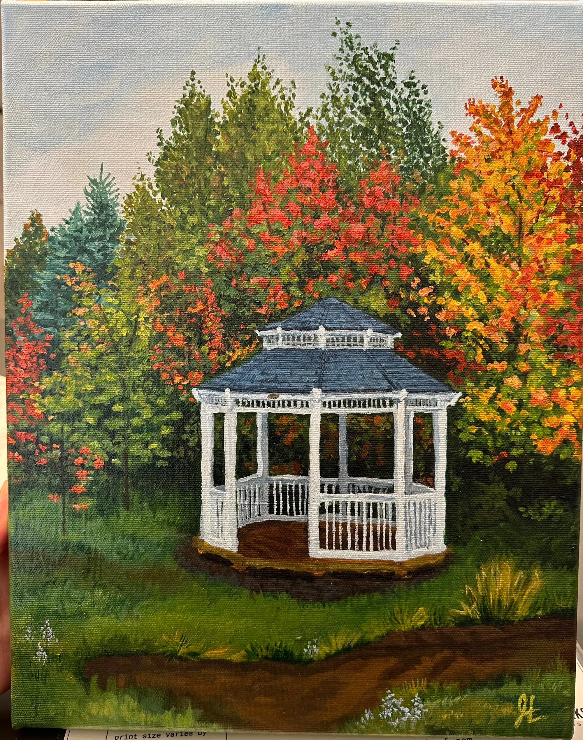 Painting of a white gazebo surrounded by trees with autumn foliage