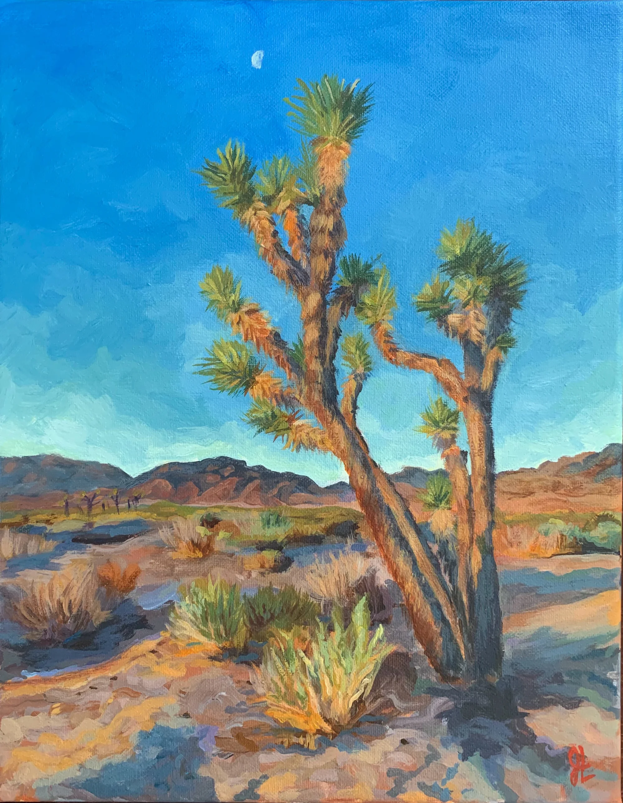 Painting of a Joshua tree in a desert landscape under a blue sky with moon