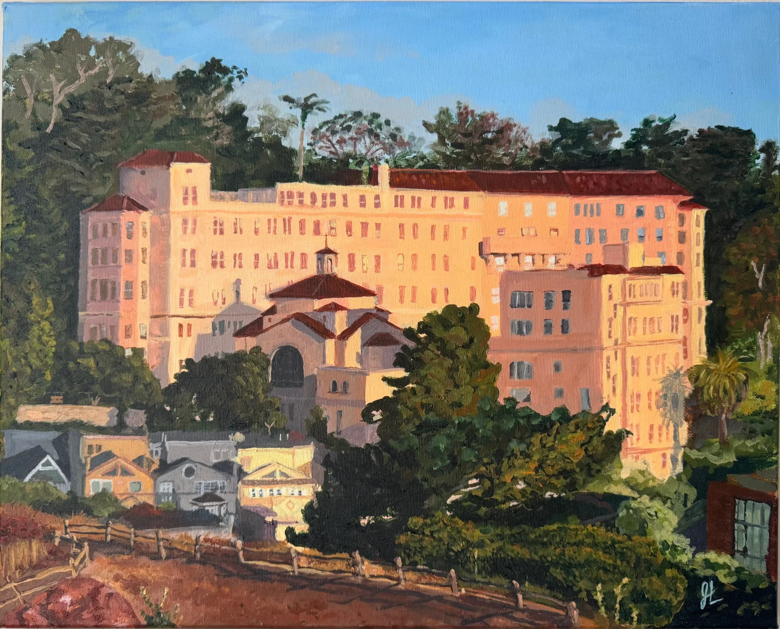 Painting of a large hillside building at golden hour with surrounding houses and trees