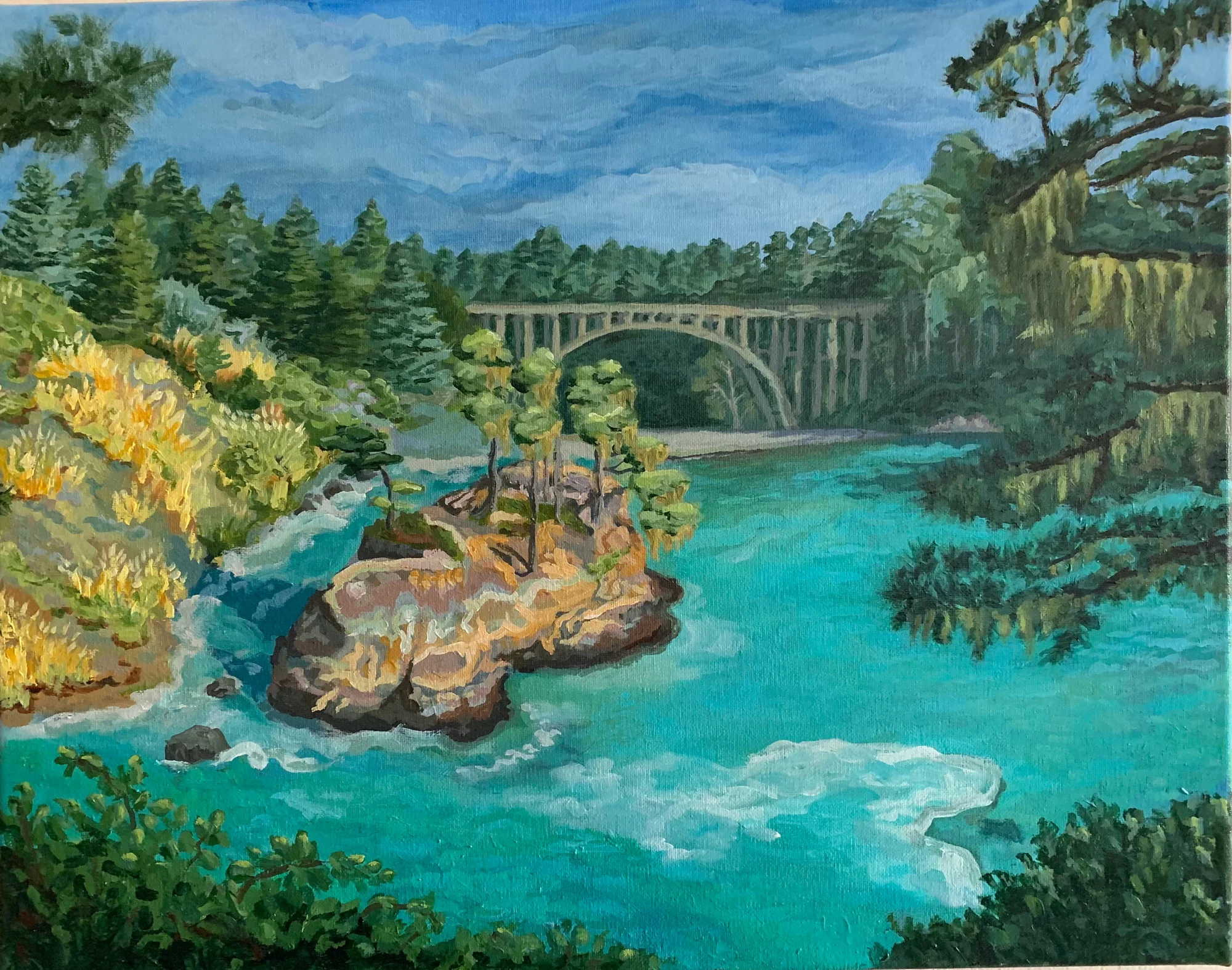 Painting of a turquoise cove with rocky outcrops and an arched bridge surrounded by evergreens