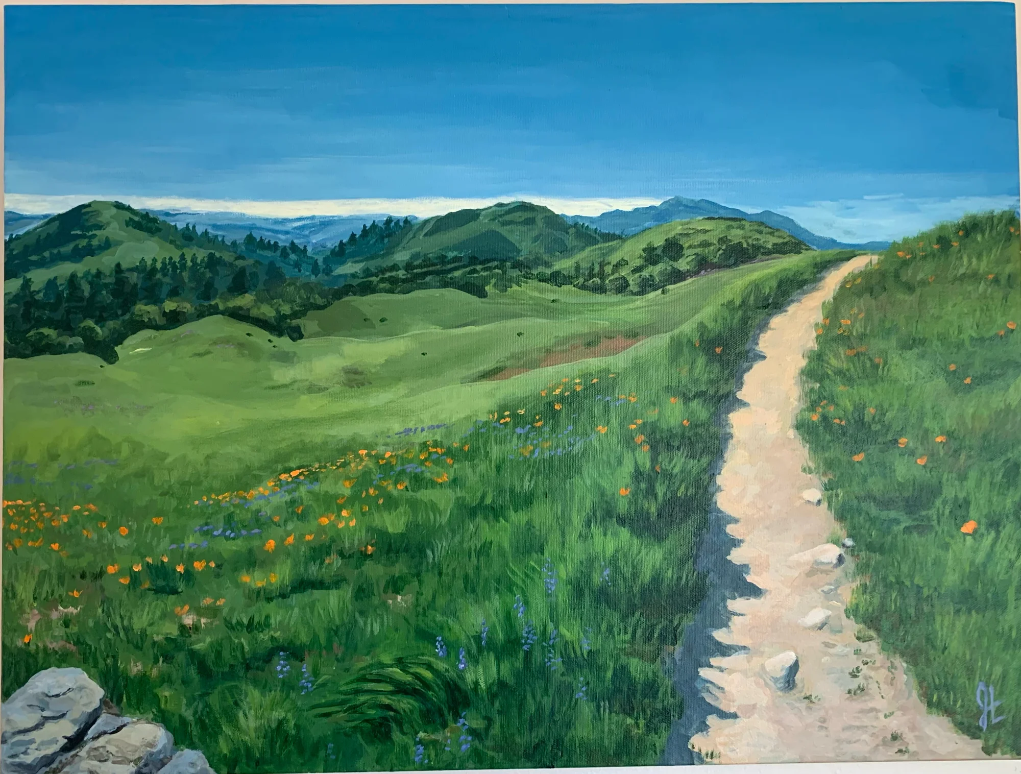 Painting of a winding dirt trail through green hills covered in wildflowers